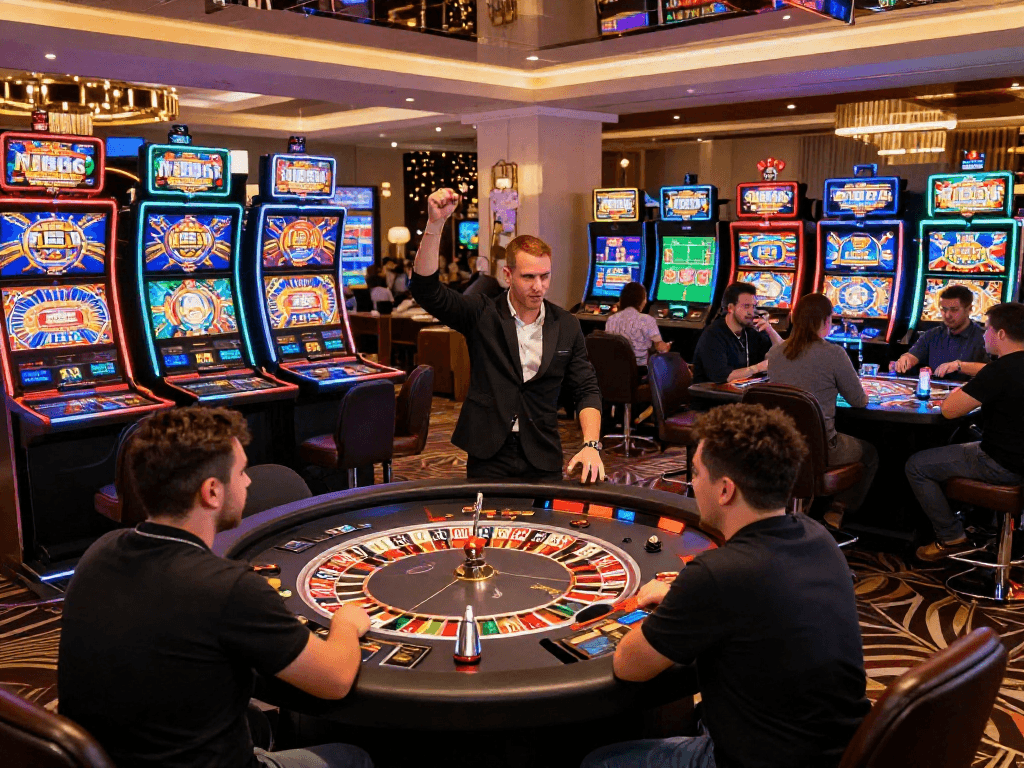 Engaging virtual casino scene showcasing players at MB66, celebrating wins and enjoying various games.